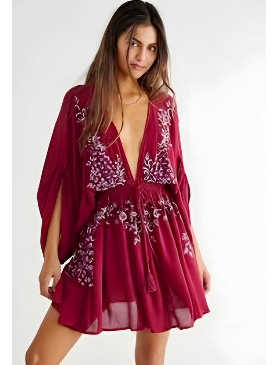 Free People Dresses & Skirts - Free People Boho Embroidered Low V Mini Dress XS Billow Sleeve Floral Fuschia